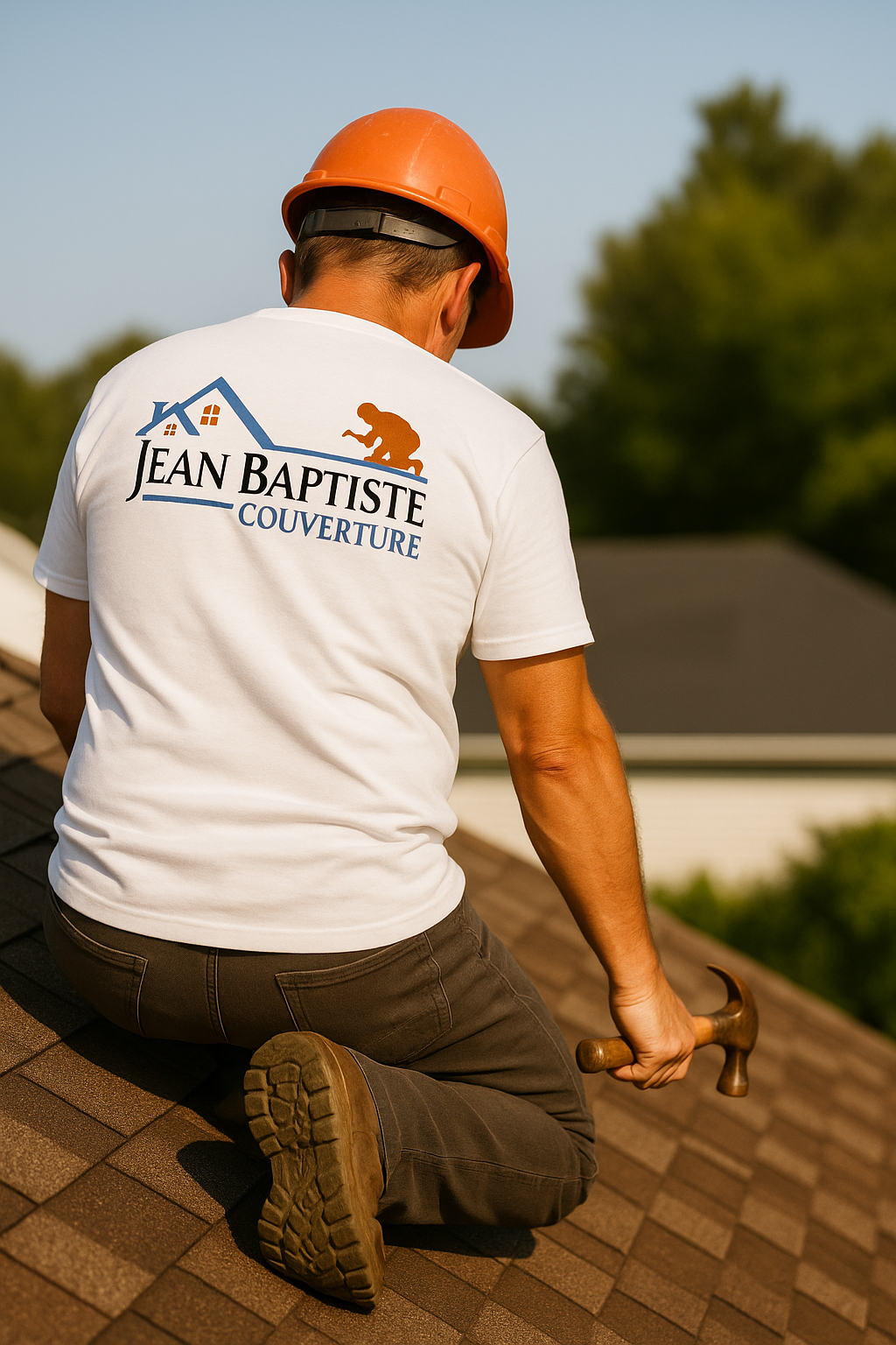 Couvreur Jean Baptiste Couverture travaillant sur une toiture, portant un casque de sécurité et un t-shirt avec le logo de l’entreprise.