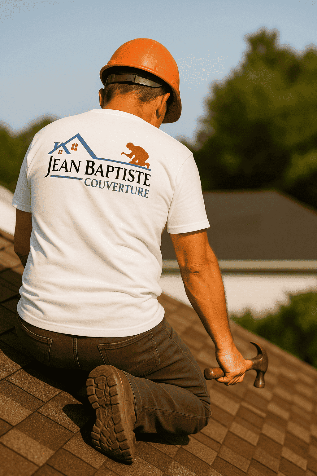 Couvreur Jean Baptiste Couverture travaillant sur une toiture, portant un casque de sécurité et un t-shirt avec le logo de l’entreprise.